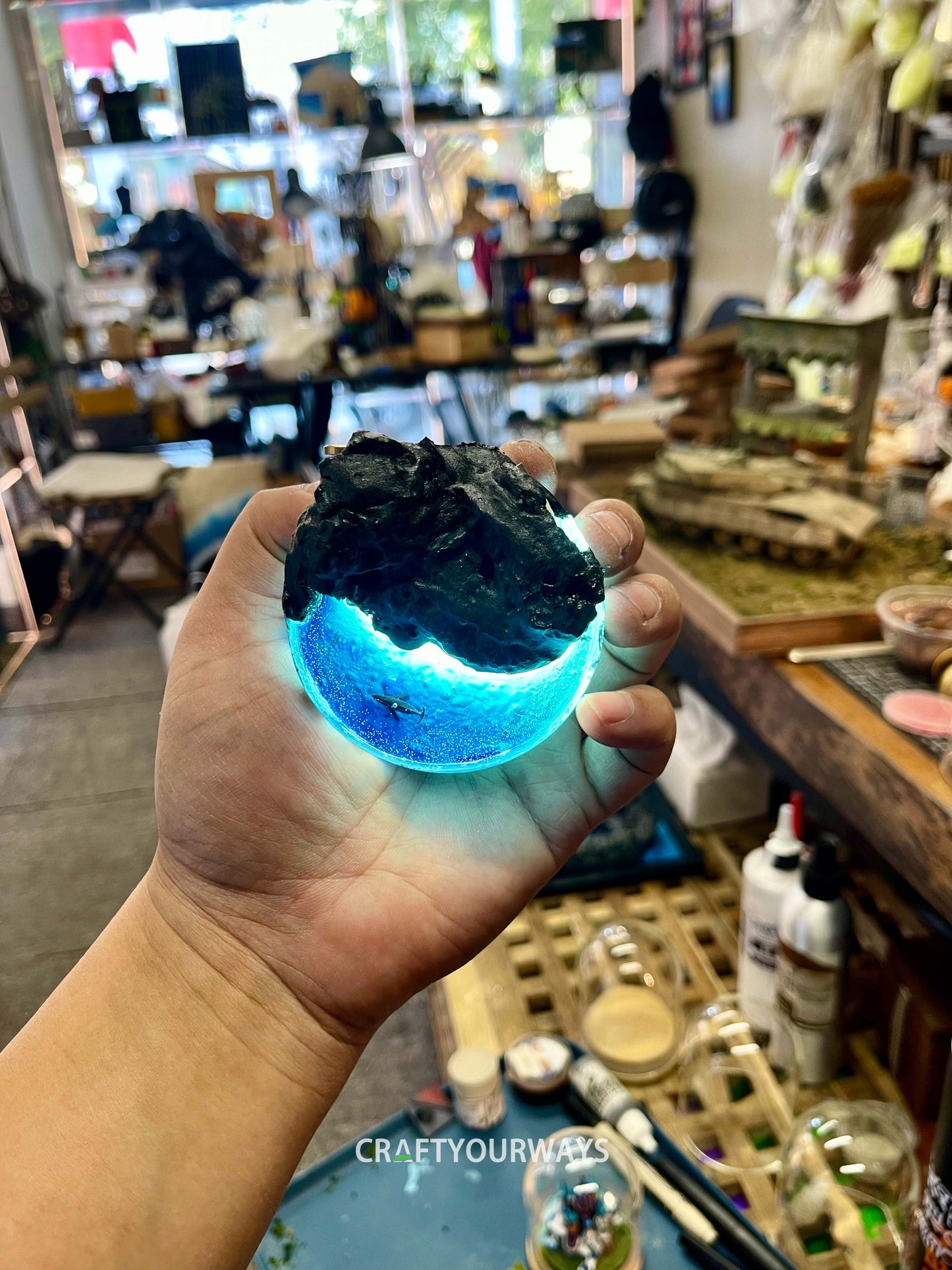 Whale Swimming Near Island Miniature Scene with Illuminated Ocean
