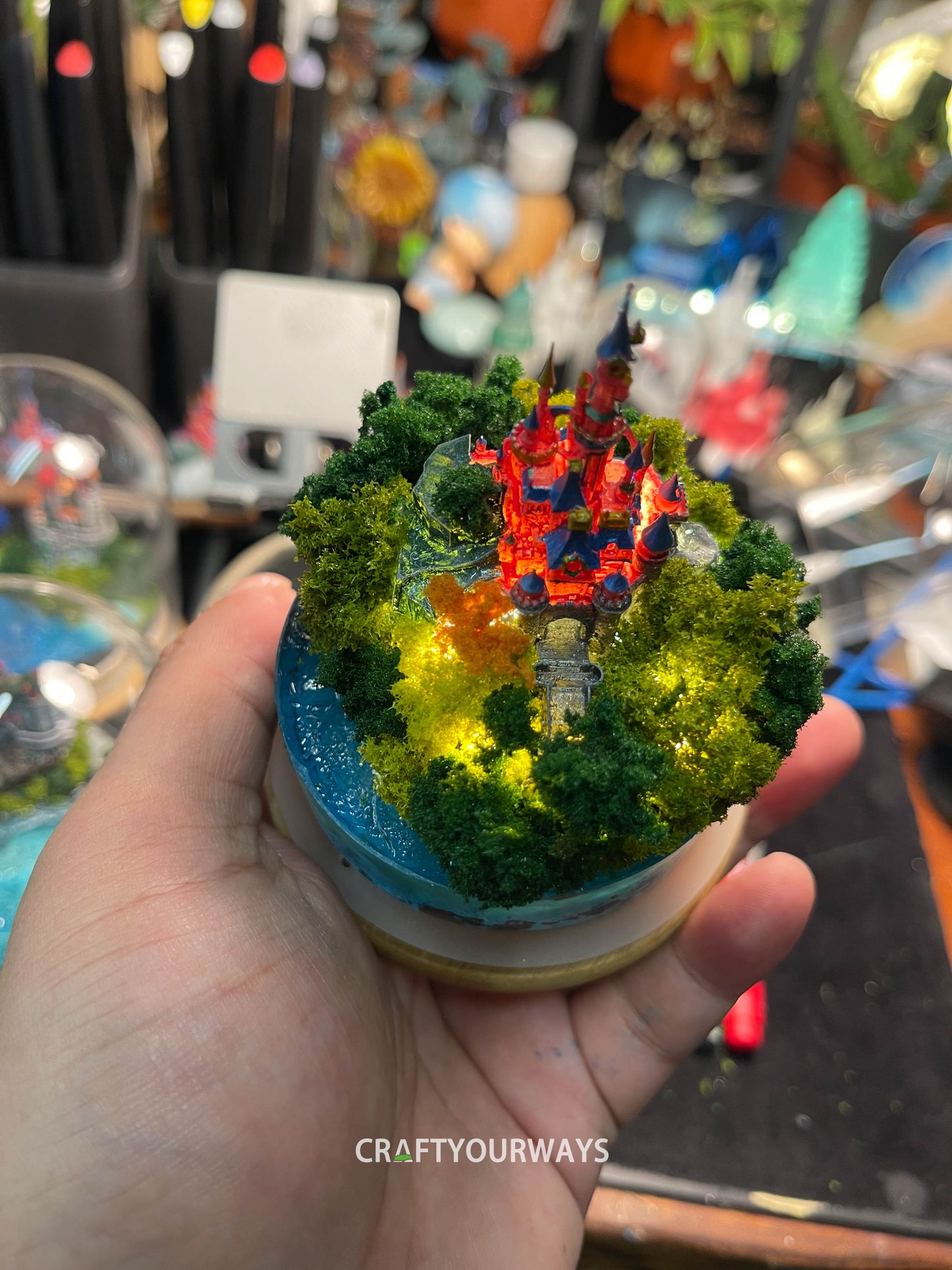 Miniature Fairytale Red Castle with Illuminated Resin Ocean and Island Plants