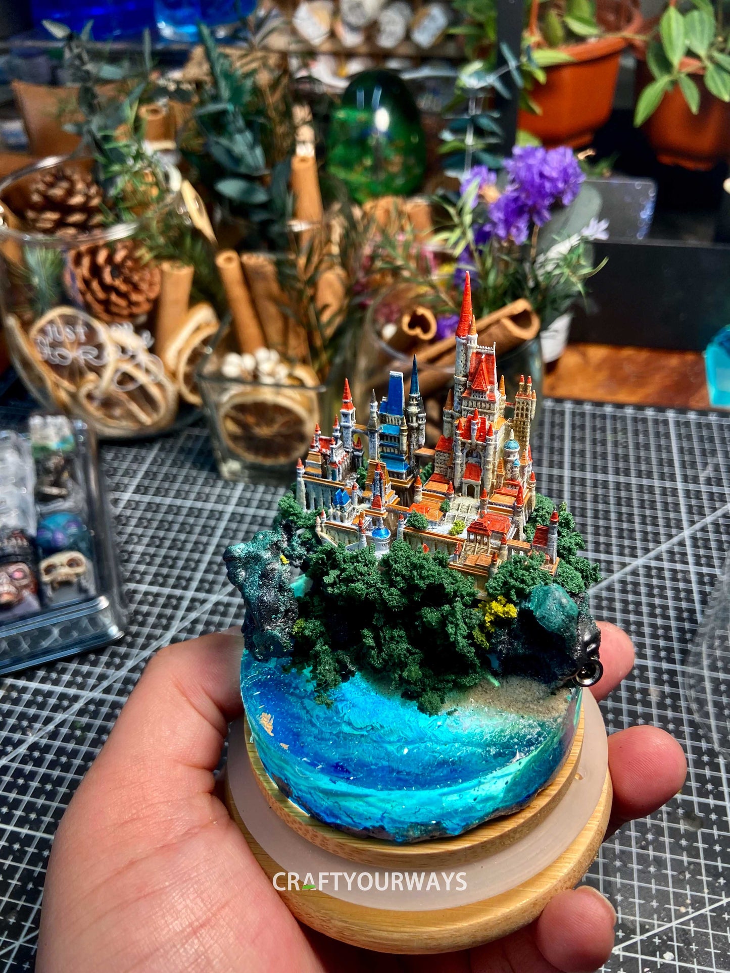 Miniature Fairytale Castle on Island with Resin Ocean and Underwater Lights