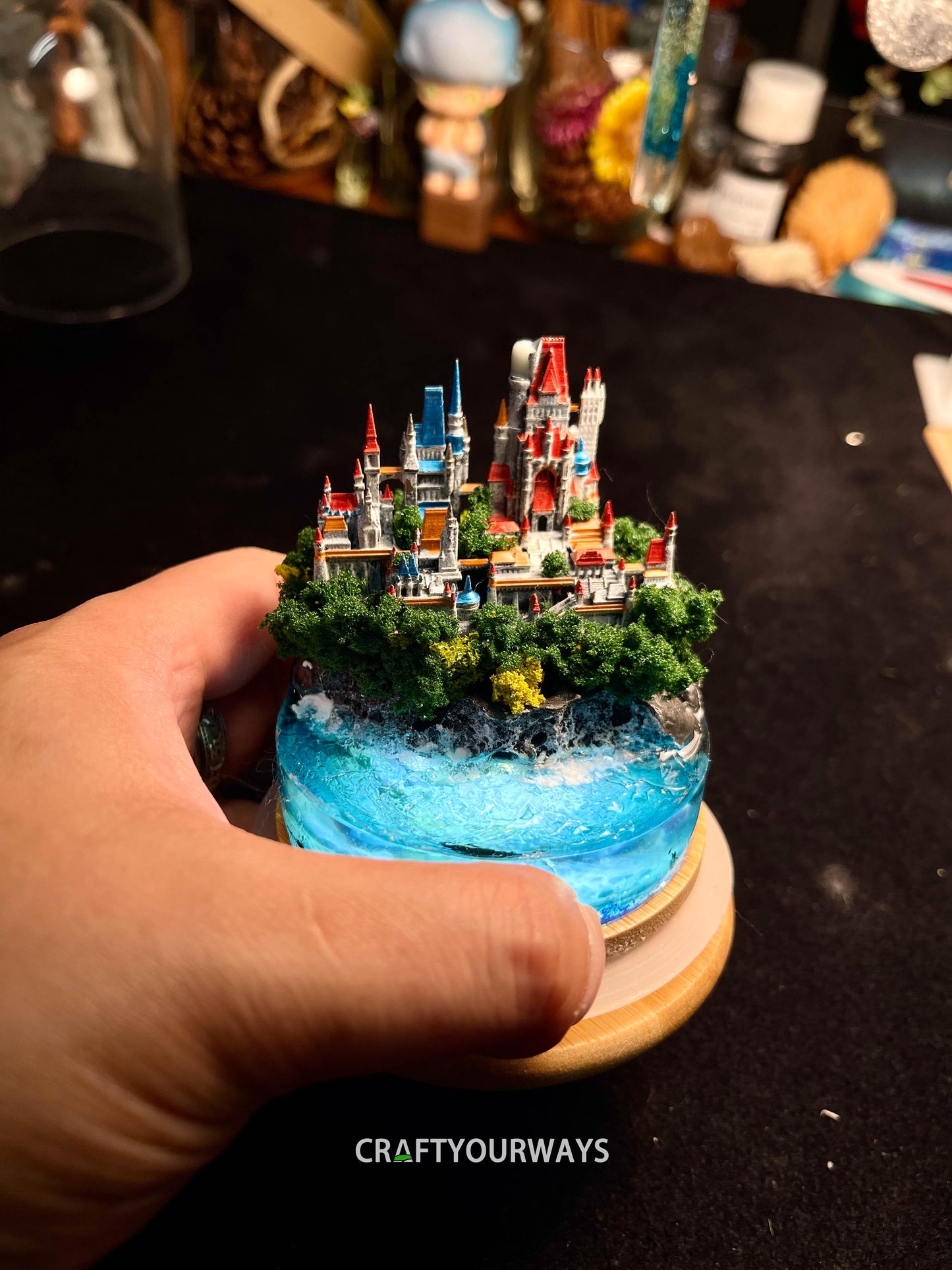 Miniature Fairytale Castle on Island with Resin Ocean and Underwater Lights