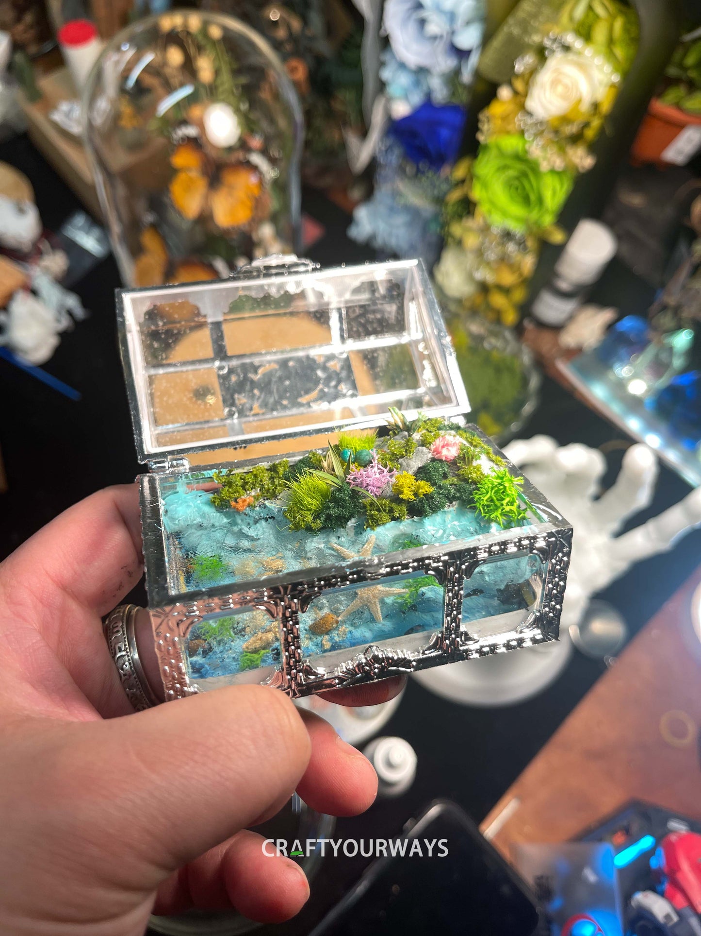 Miniature Ocean Scene with Starfish and Marine Life in Transparent Treasure Box