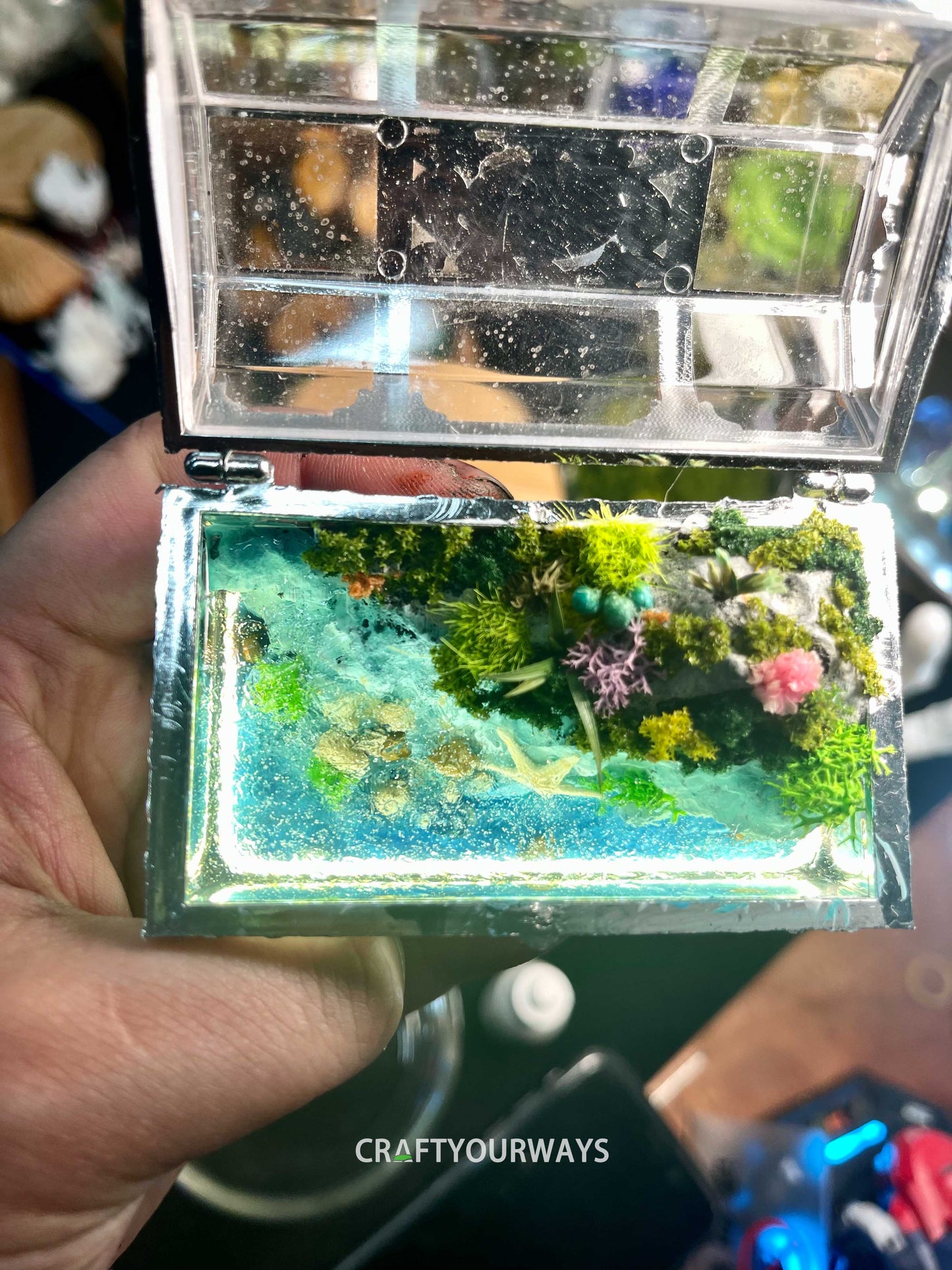 Miniature Ocean Scene with Starfish and Marine Life in Transparent Treasure Box