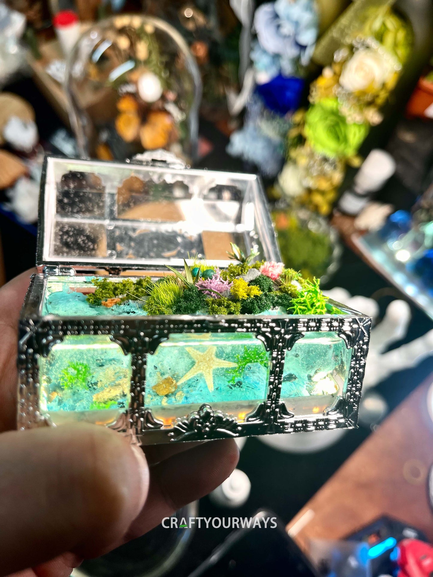 Miniature Ocean Scene with Starfish and Marine Life in Transparent Treasure Box