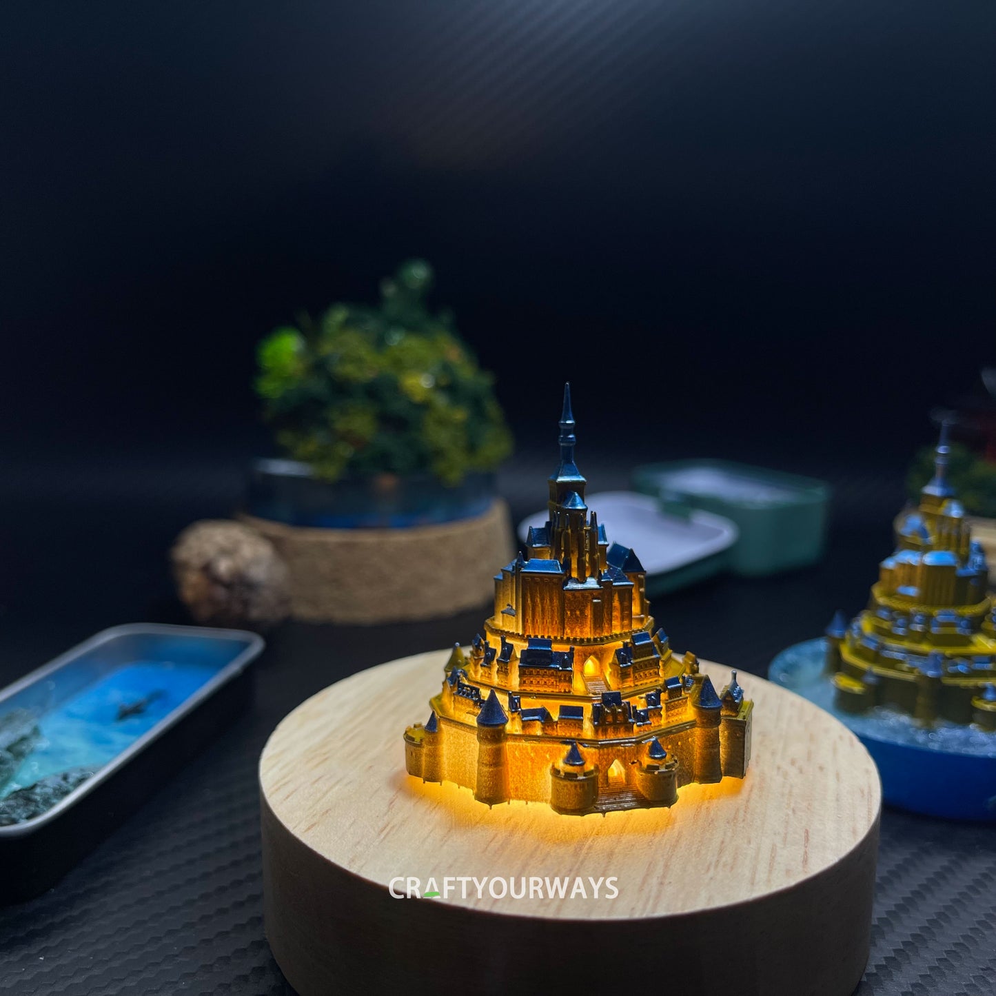 Miniature St. Michel Castle on Island with Illuminated Resin Ocean