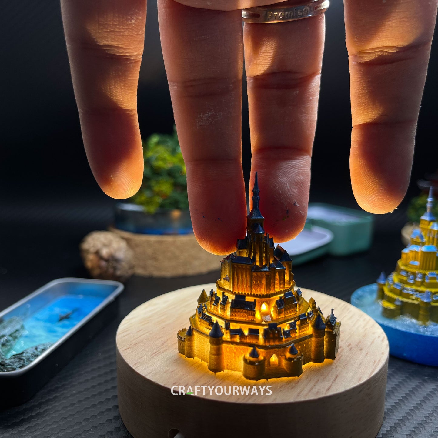 Miniature St. Michel Castle on Island with Illuminated Resin Ocean