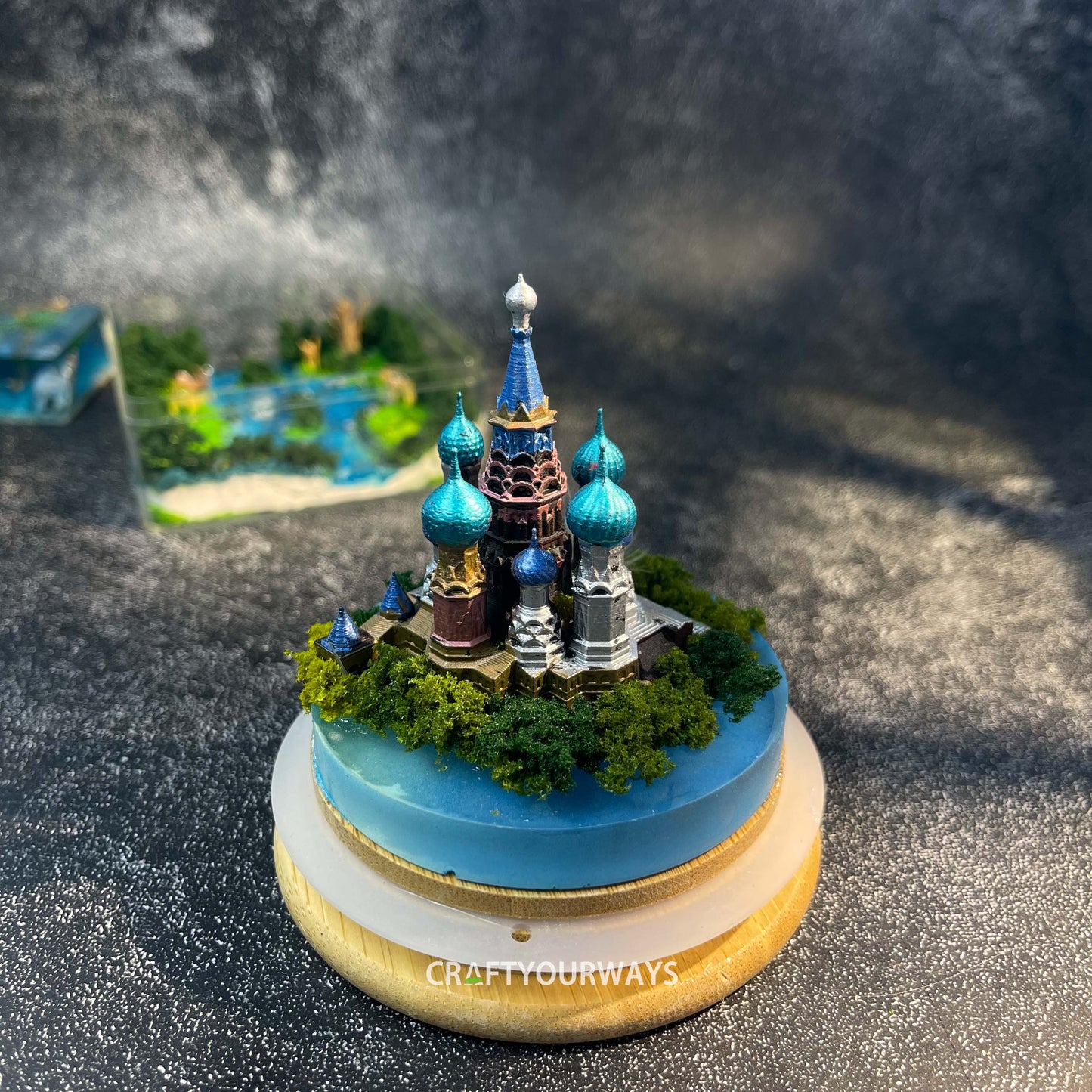 Miniature St. Vasily Castle with Illuminated Resin Ocean and Island Plants