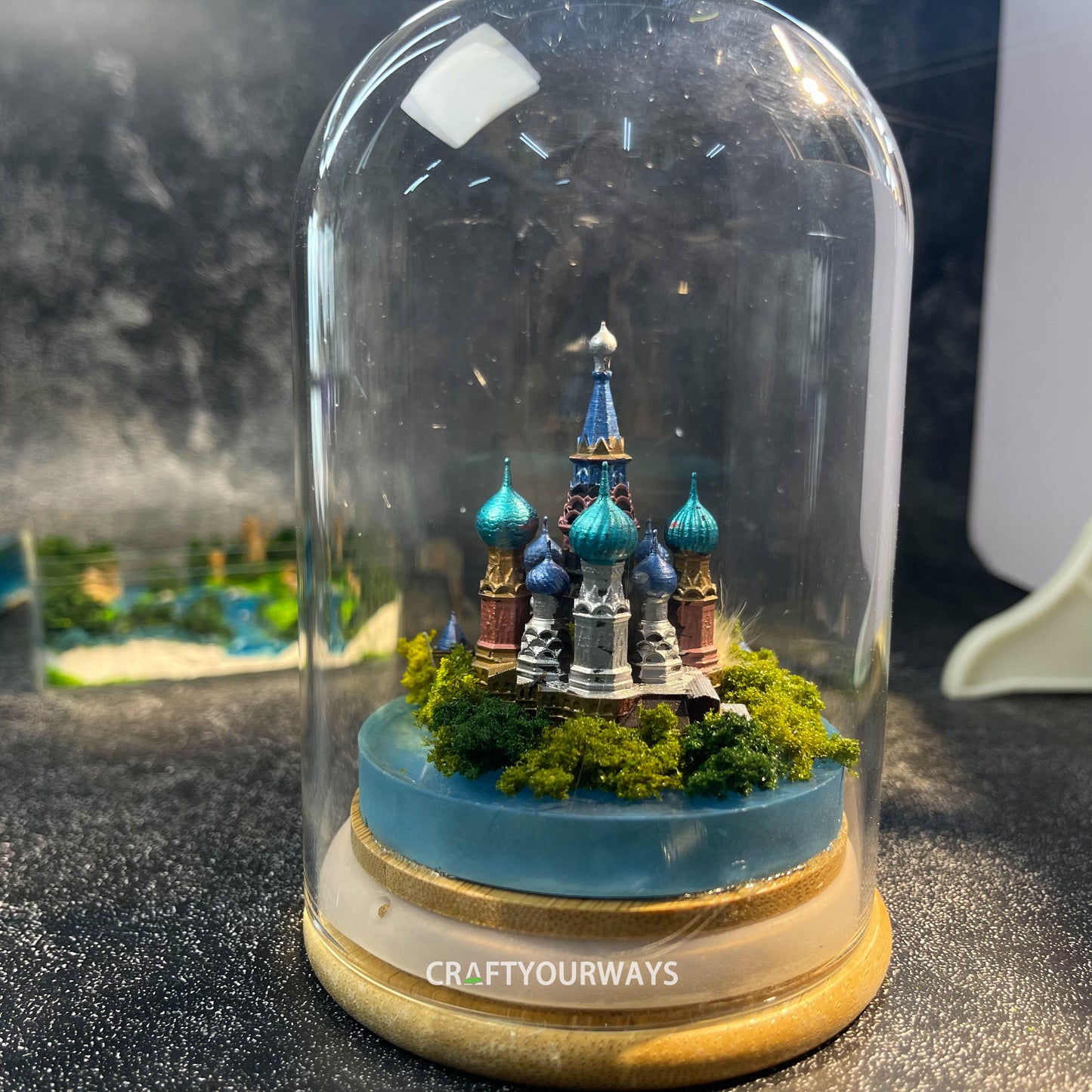 Miniature St. Vasily Castle with Illuminated Resin Ocean and Island Plants