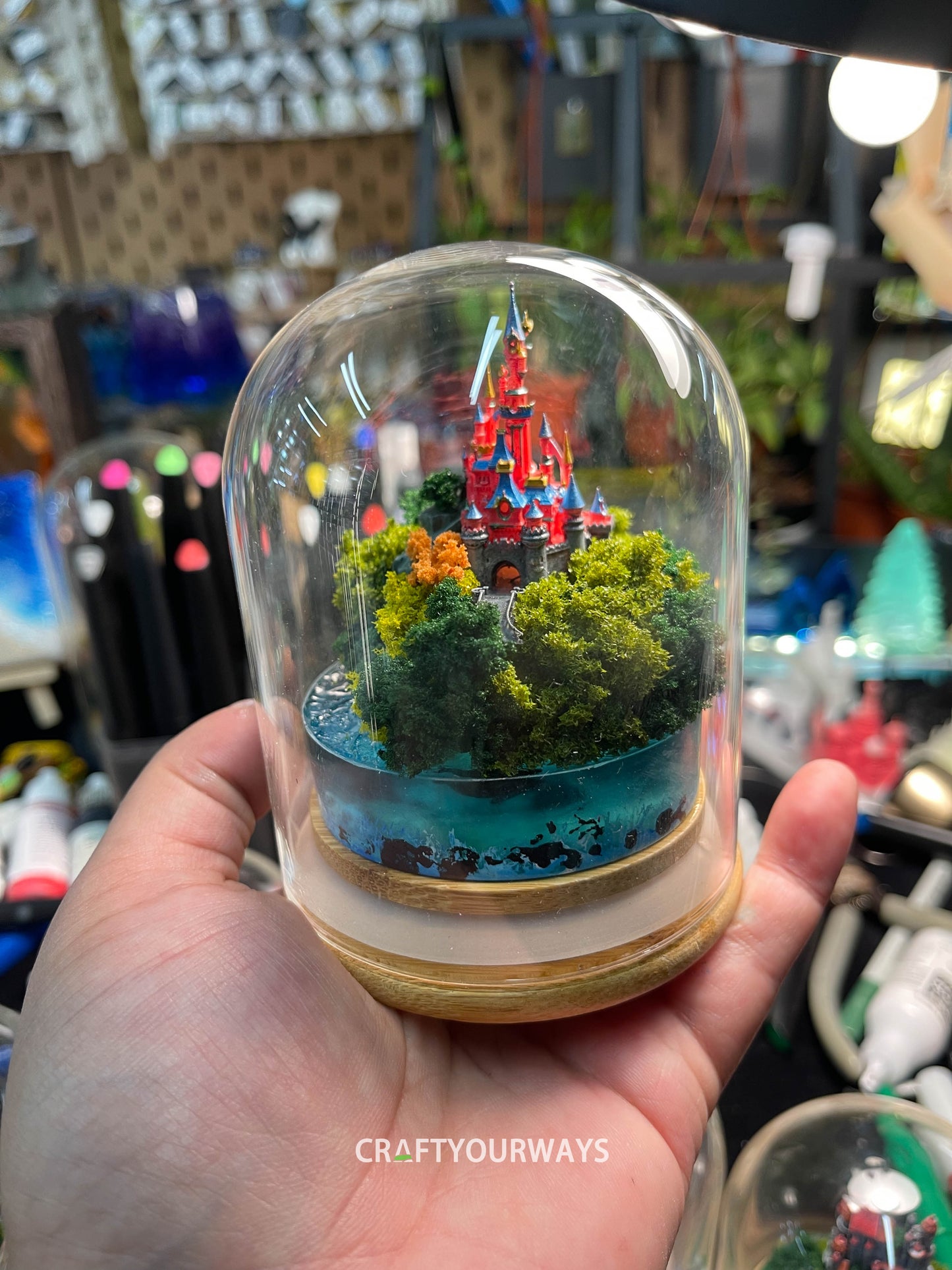 Miniature Fairytale Red Castle with Illuminated Resin Ocean and Island Plants