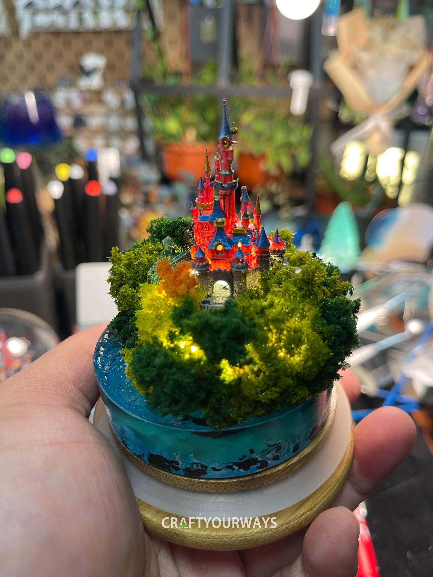 Miniature Fairytale Red Castle with Illuminated Resin Ocean and Island Plants