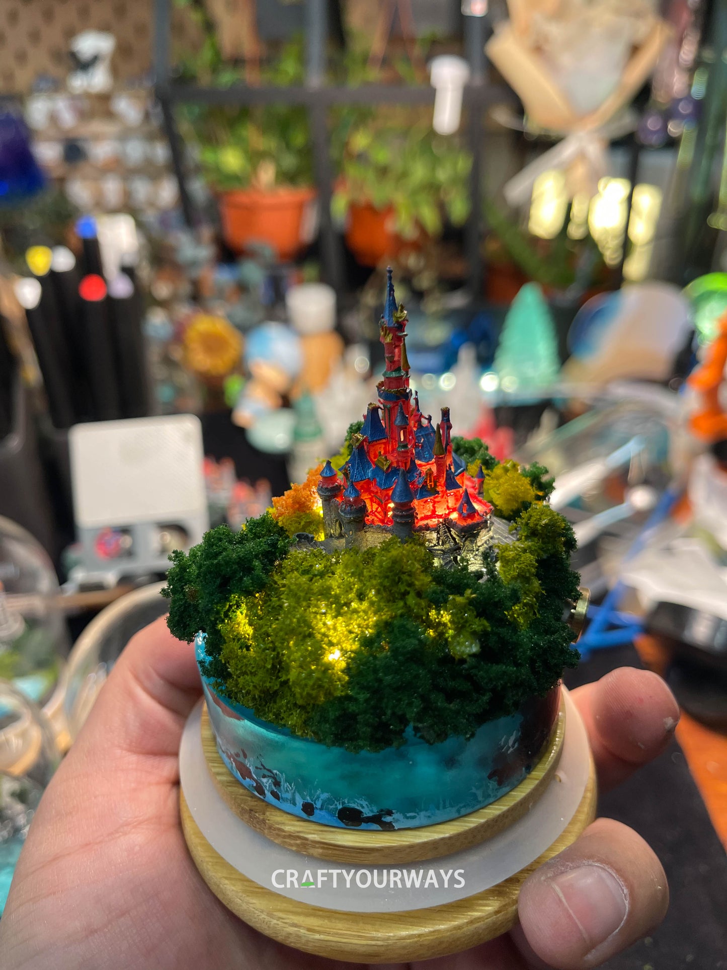 Miniature Fairytale Red Castle with Illuminated Resin Ocean and Island Plants