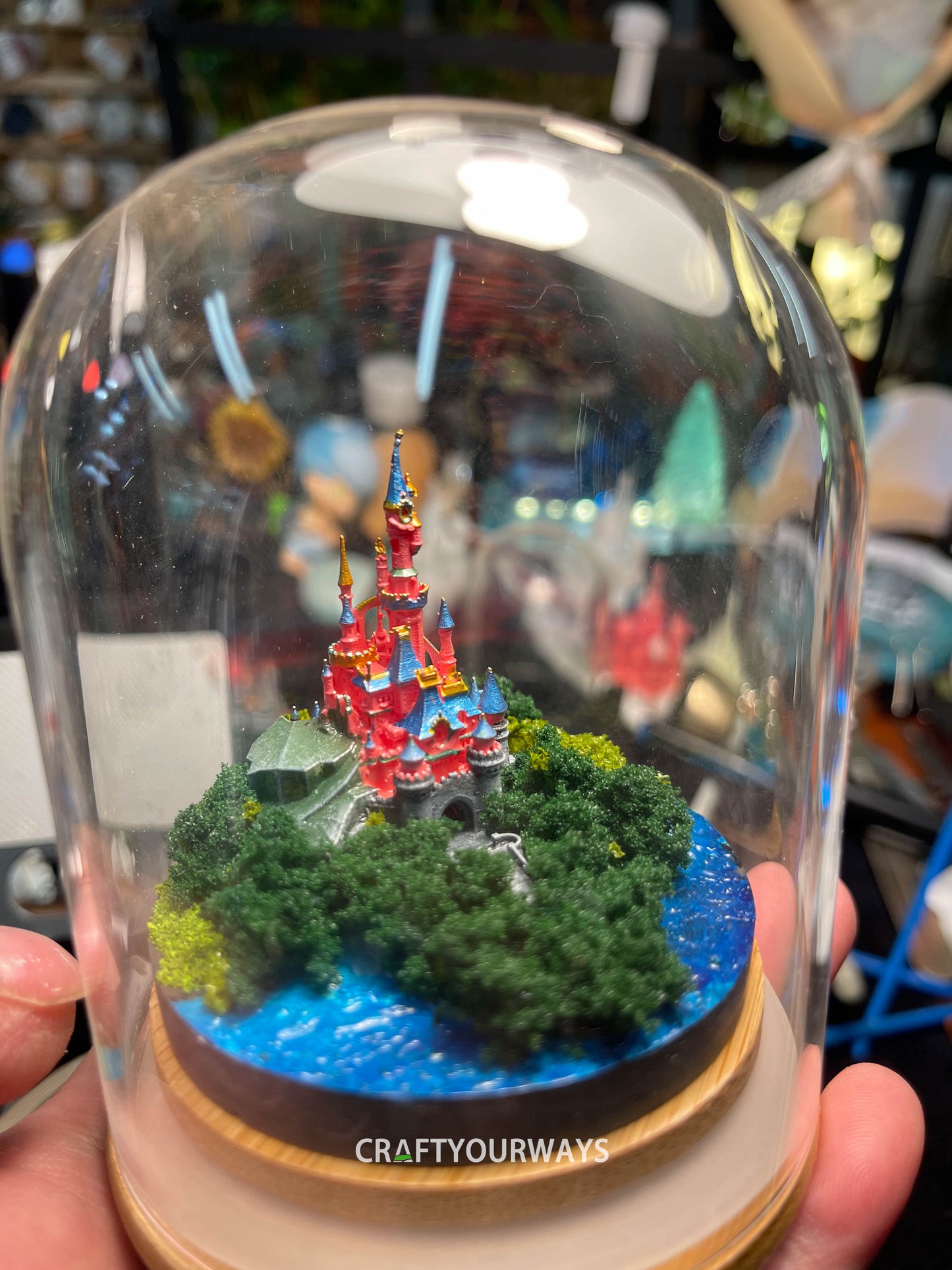 Miniature Fairytale Red Castle with Illuminated Resin Ocean and Island Plants