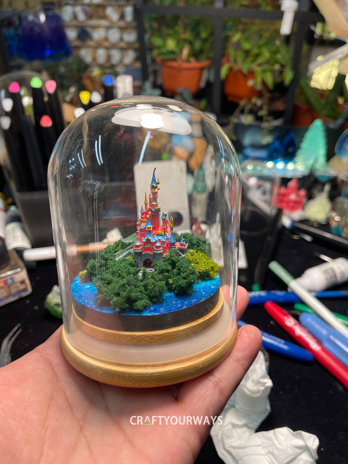 Miniature Fairytale Red Castle with Illuminated Resin Ocean and Island Plants