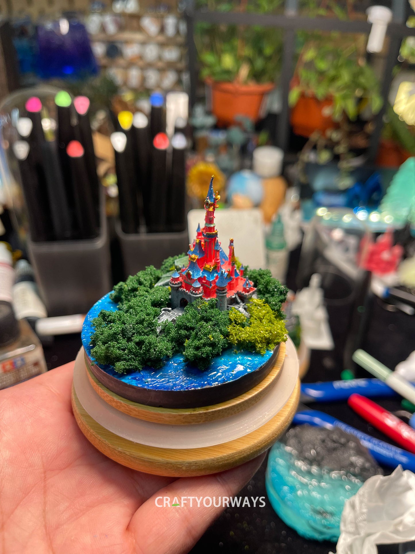 Miniature Fairytale Red Castle with Illuminated Resin Ocean and Island Plants