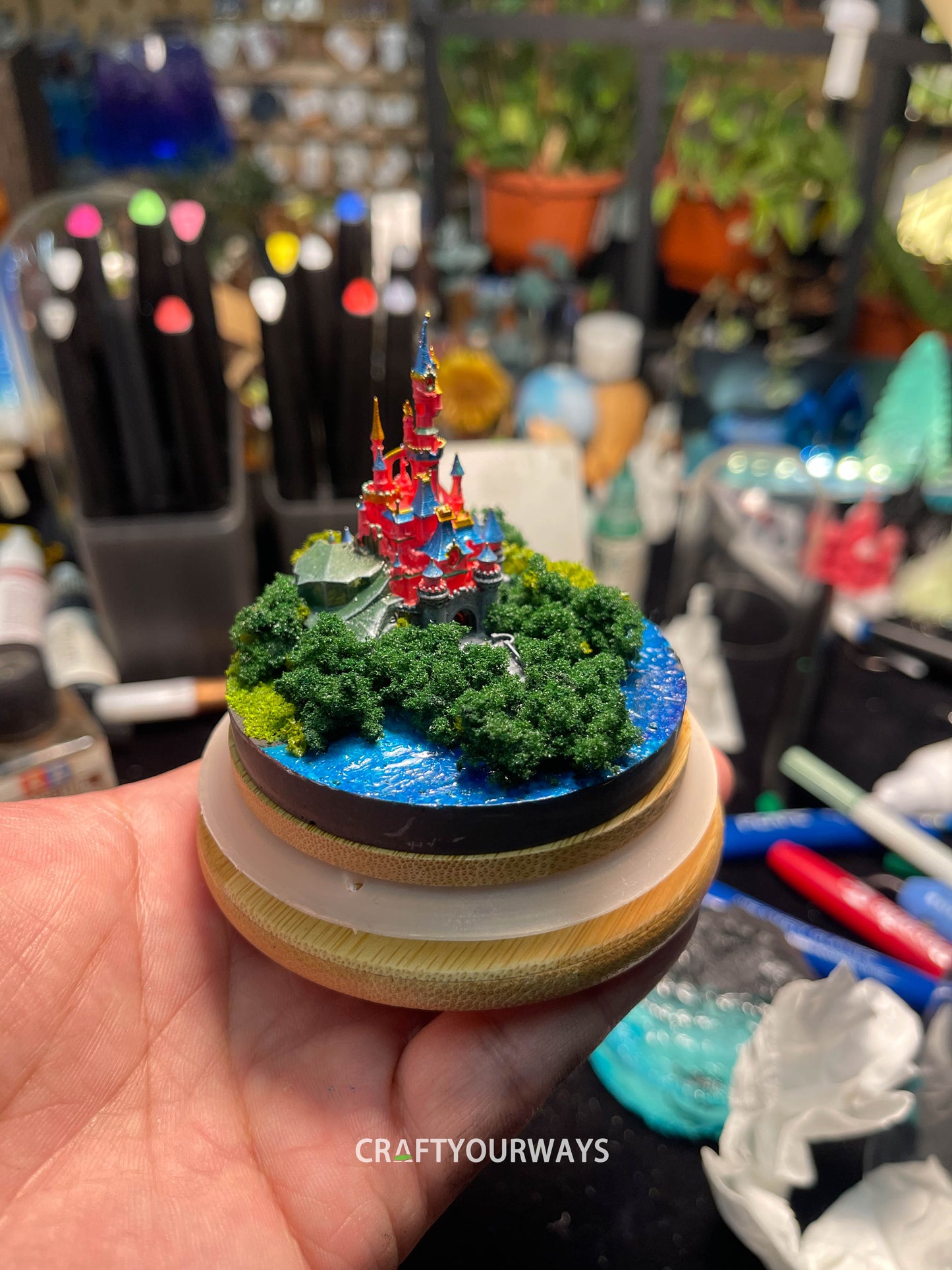 Miniature Fairytale Red Castle with Illuminated Resin Ocean and Island Plants