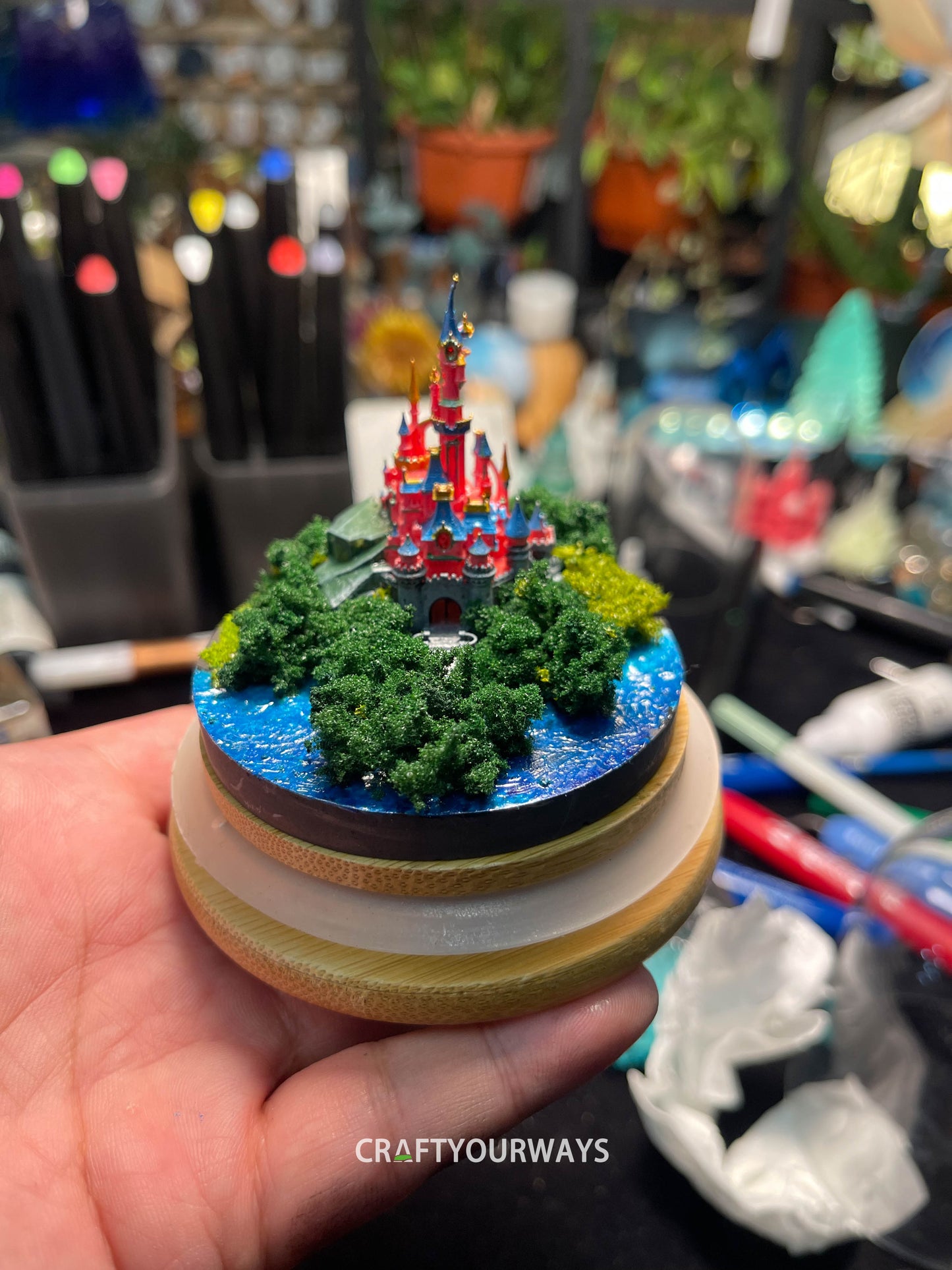 Miniature Fairytale Red Castle with Illuminated Resin Ocean and Island Plants