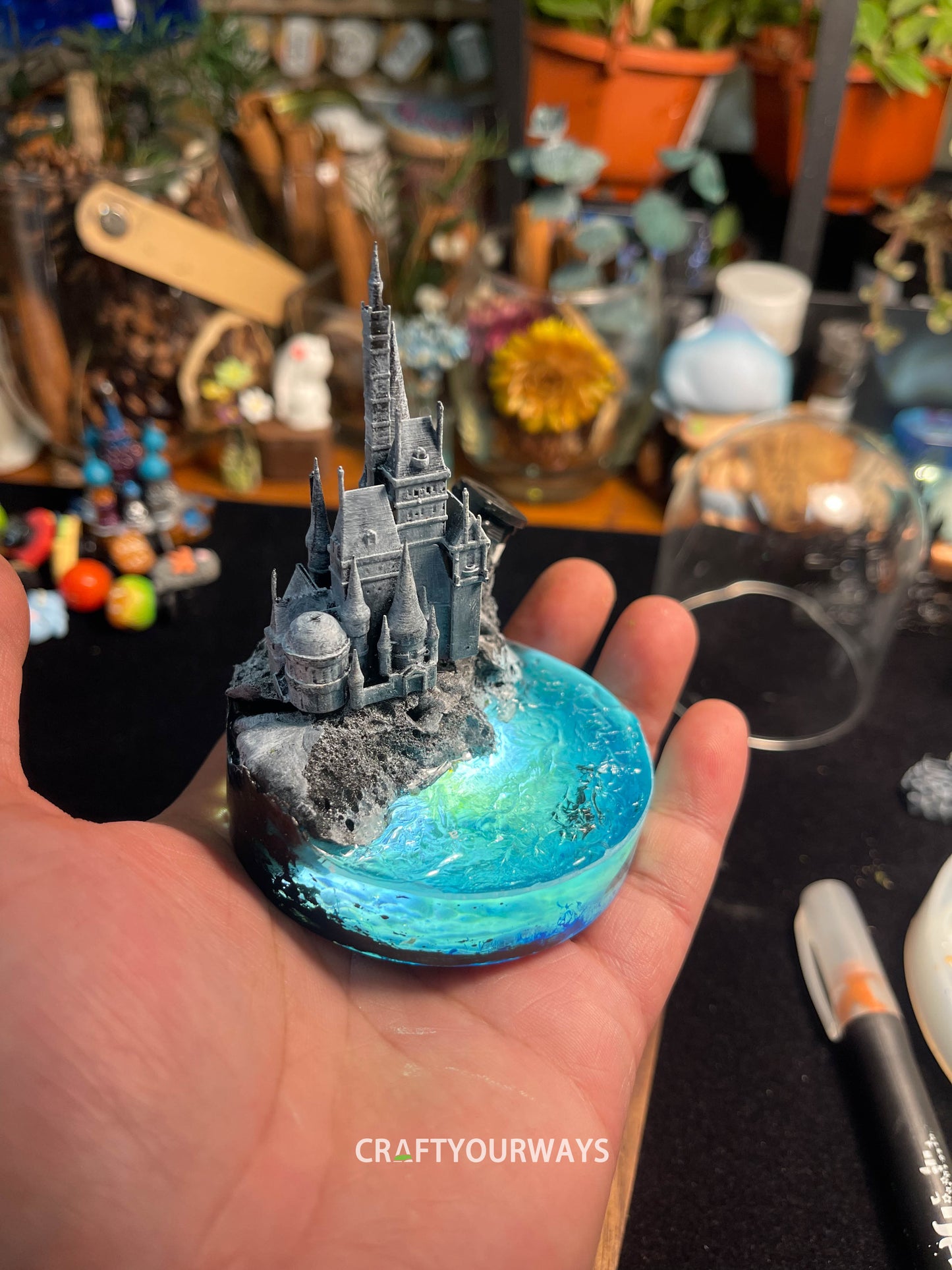 Miniature Snow-Capped Island with Castle and Illuminated Resin Ocean