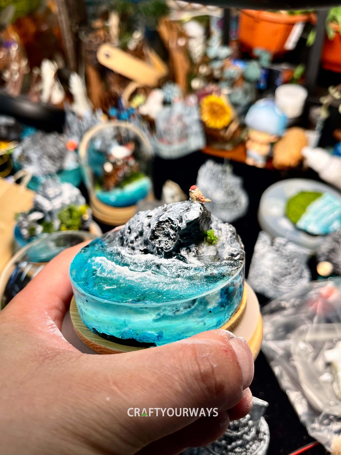 Miniature Ocean Scene with Illuminated Boulder and Underwater Lights