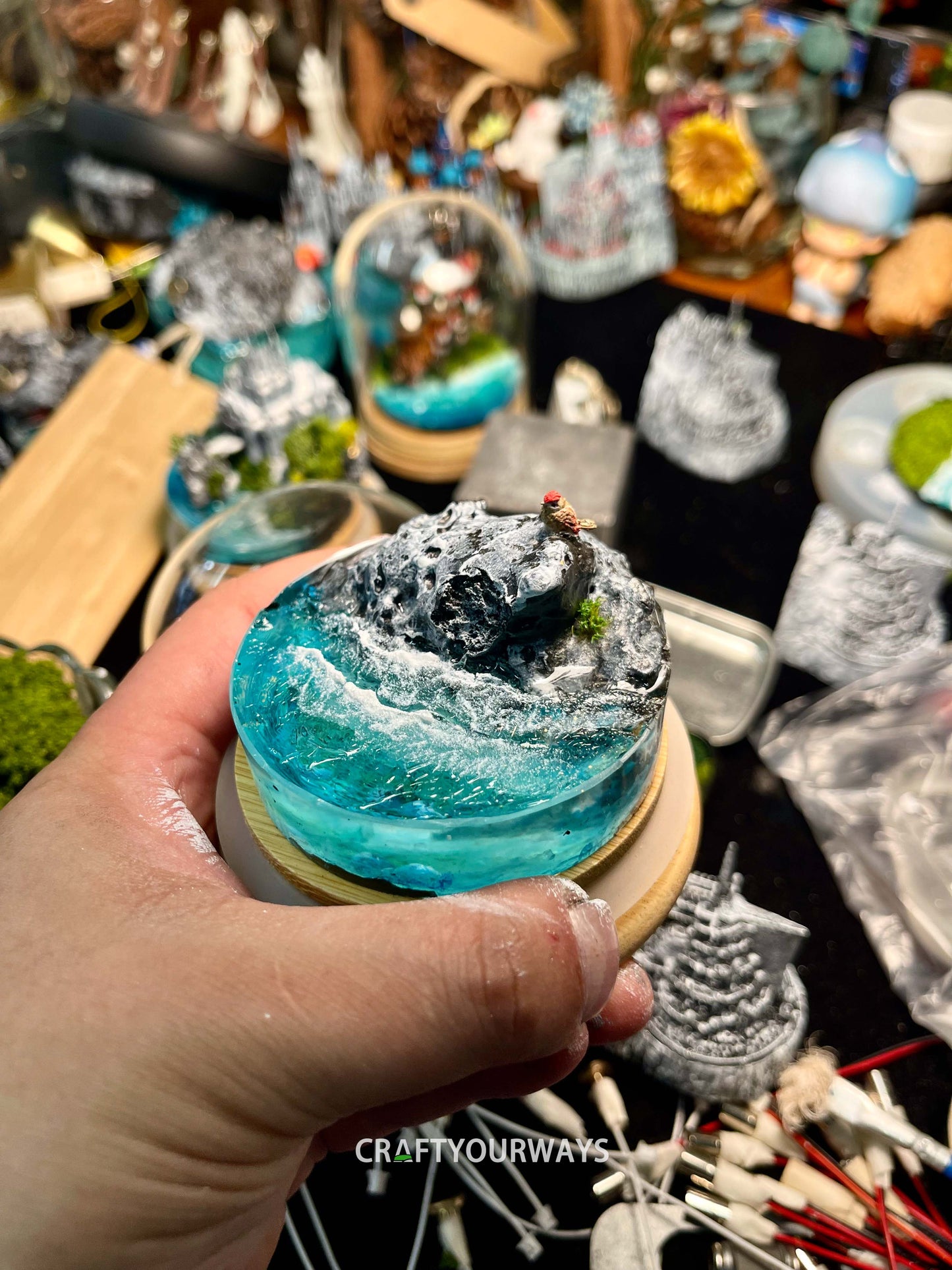 Miniature Ocean Scene with Illuminated Boulder and Underwater Lights