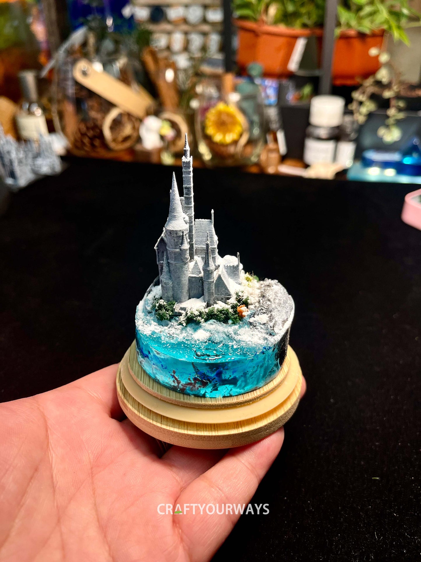 Miniature Snow-Capped Island with Castle and Illuminated Resin Ocean