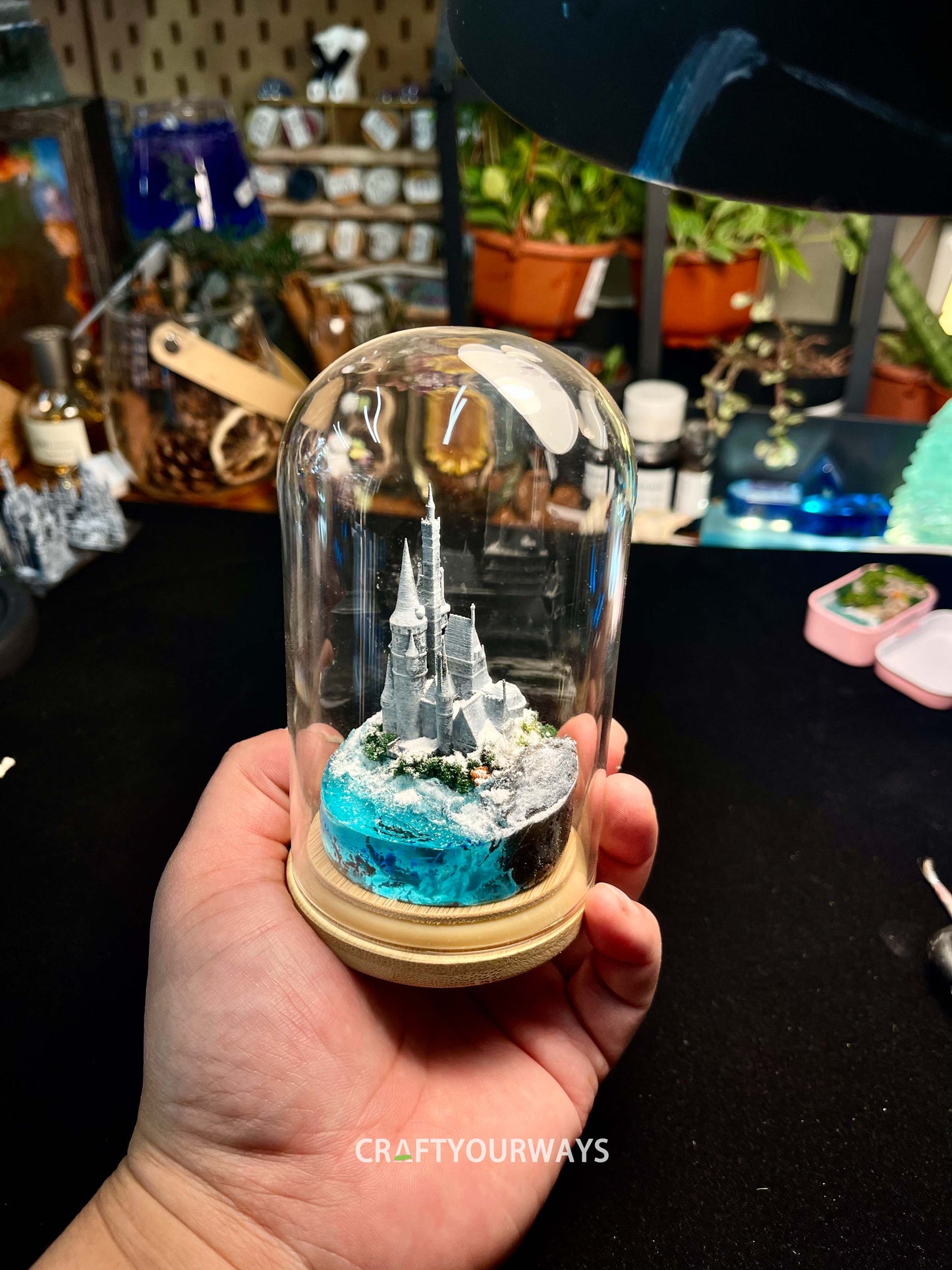 Miniature Snow-Capped Island with Castle and Illuminated Resin Ocean