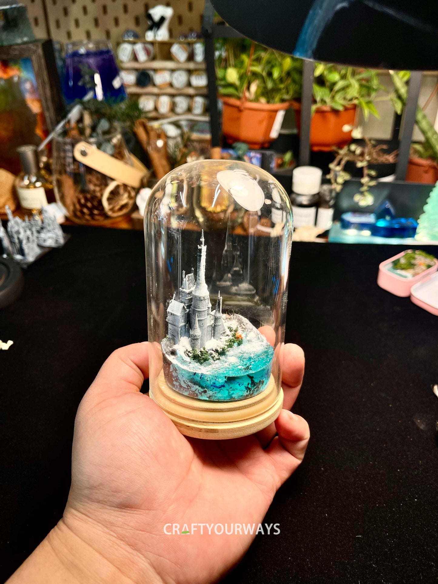 Miniature Snow-Capped Island with Castle and Illuminated Resin Ocean