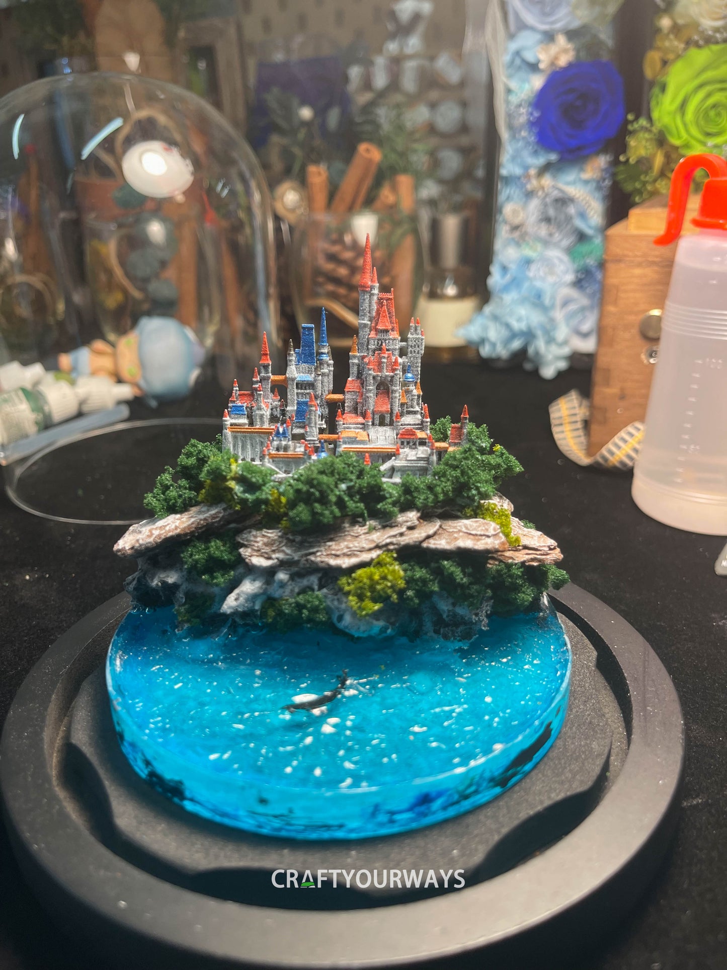 Miniature Fairytale Castle on Island with Resin Ocean and Underwater Lights