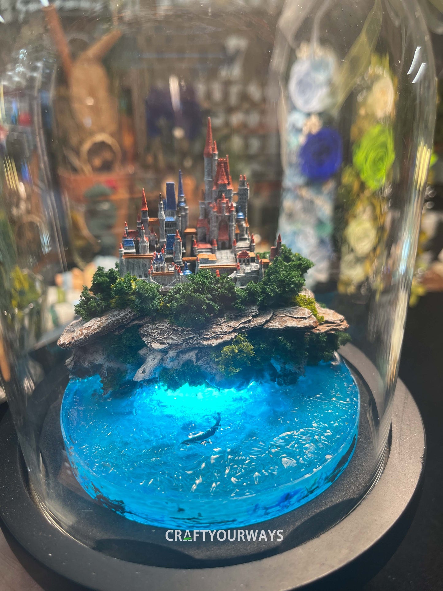 Miniature Fairytale Castle on Island with Resin Ocean and Underwater Lights