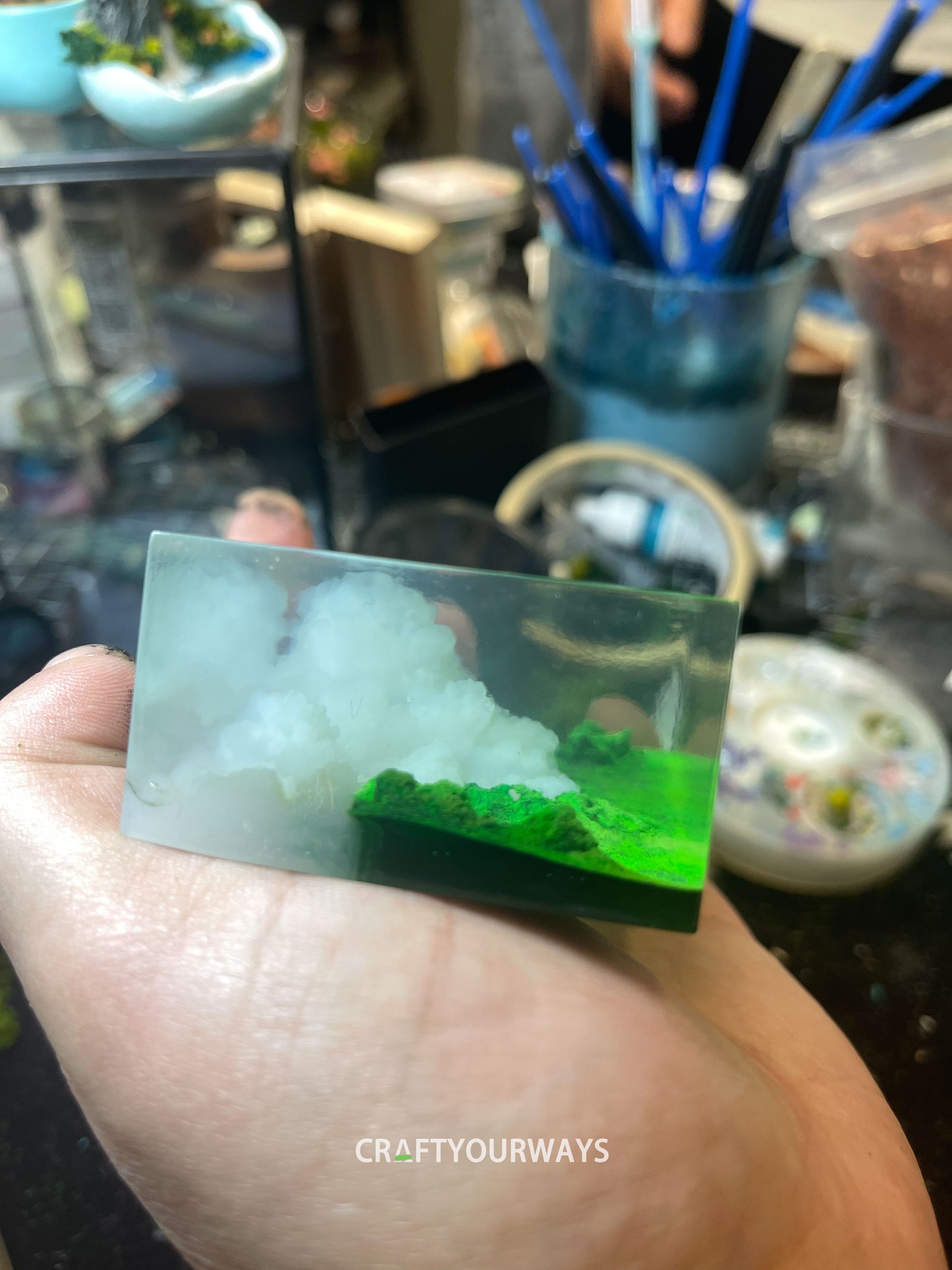 Miniature Cloud and Grassland Scene Encased in Resin