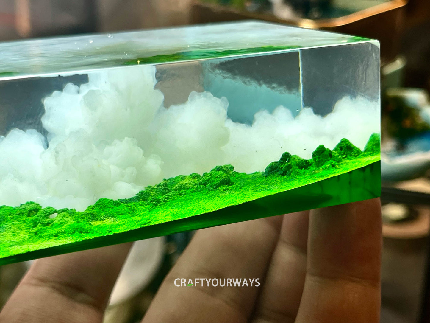 Miniature Cloud and Grassland Scene Encased in Resin