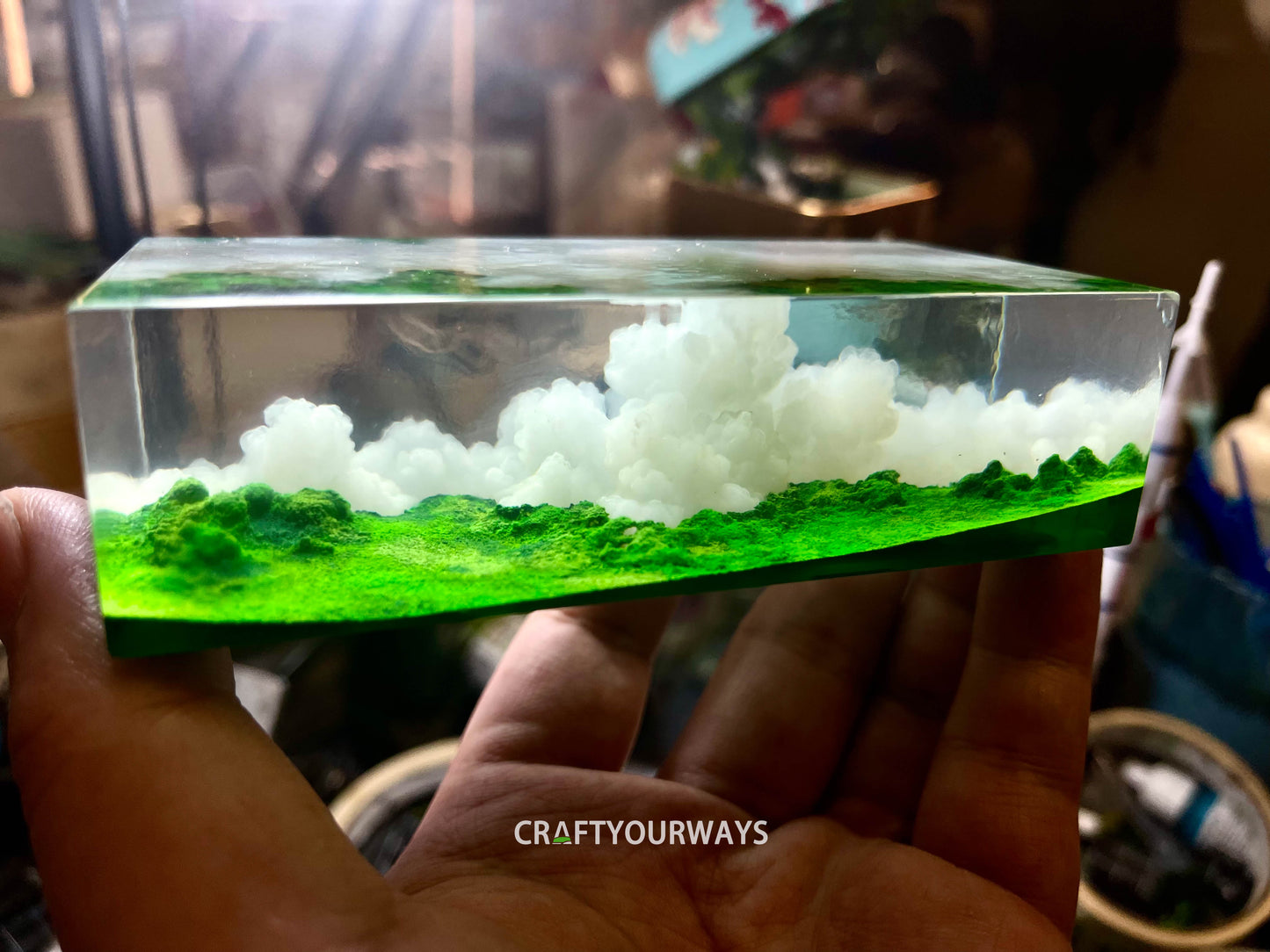 Miniature Cloud and Grassland Scene Encased in Resin