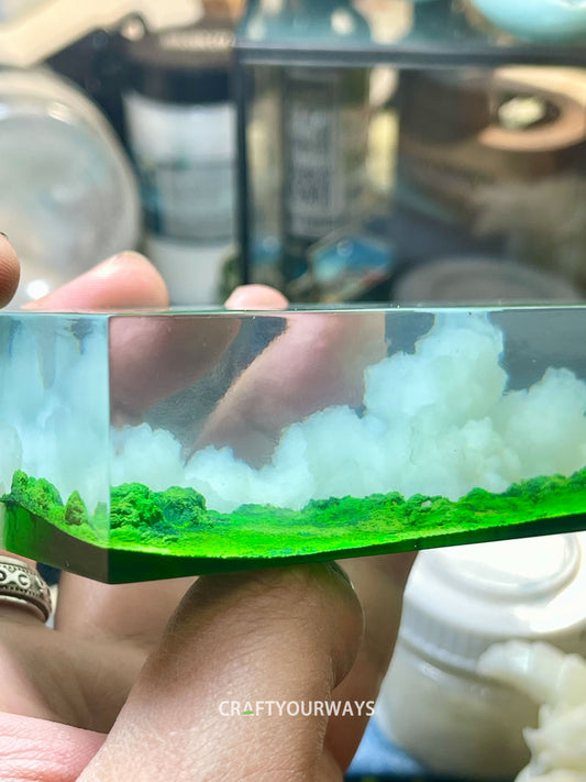 Miniature Cloud and Grassland Scene Encased in Resin