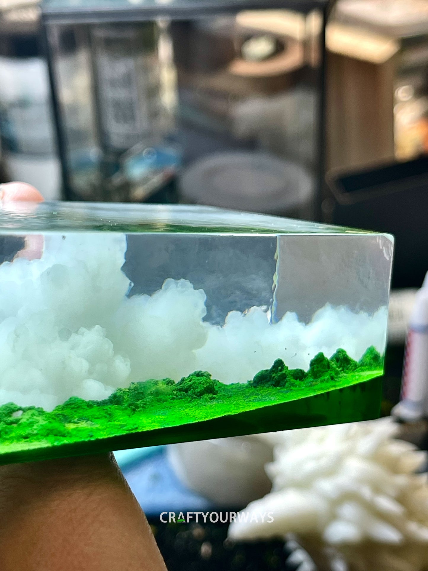 Miniature Cloud and Grassland Scene Encased in Resin