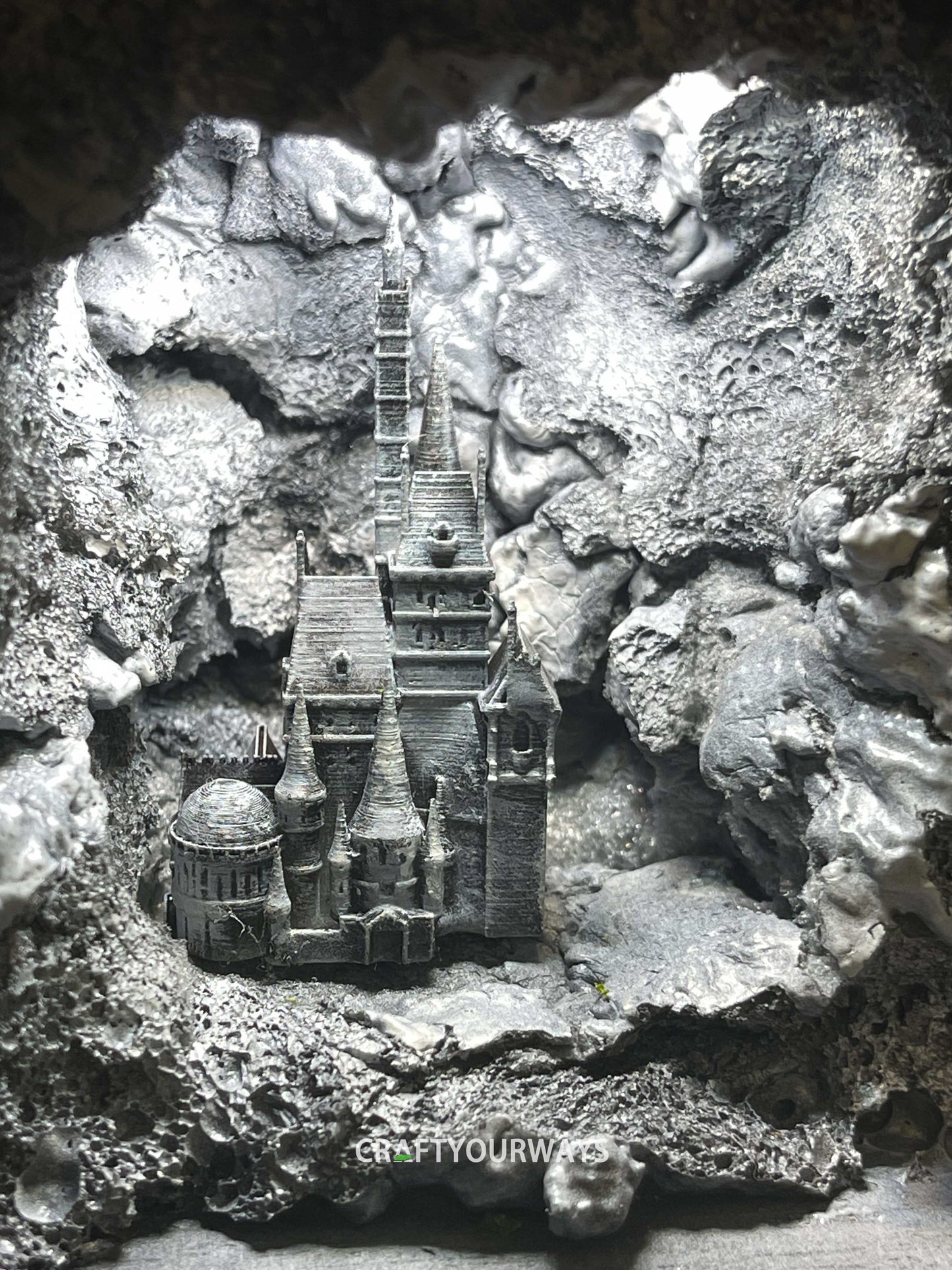 Miniature Castle in Snowy Cave with Illuminated Interior