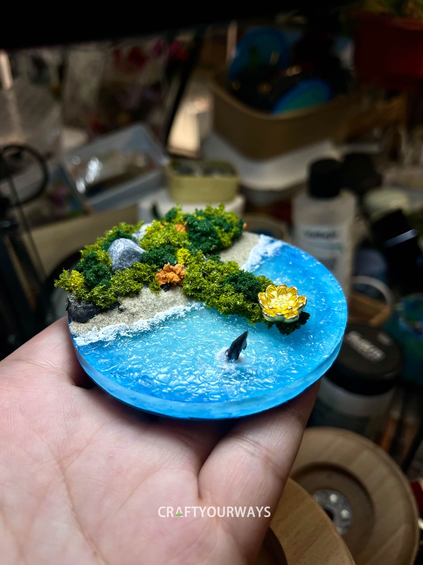 Miniature Whale Leaping Toward Golden Flowers on an Island