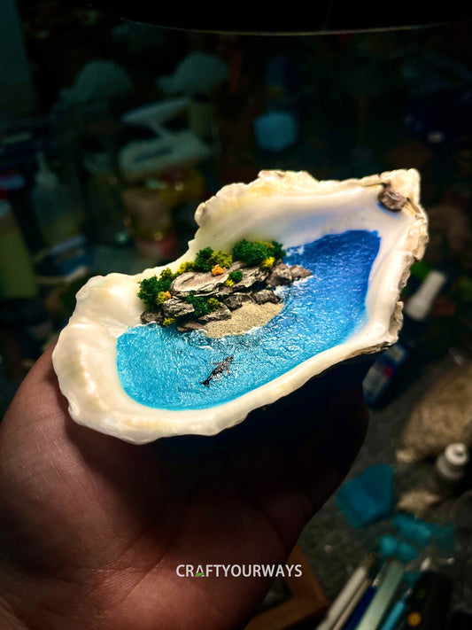 Miniature Island with Swimming Whale Inside Oyster Shell