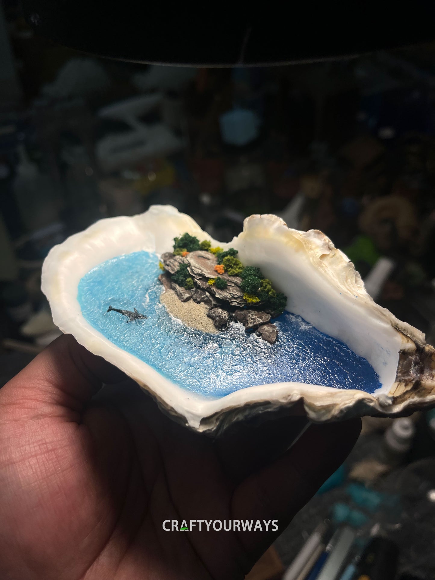 Miniature Island with Swimming Whale Inside Oyster Shell