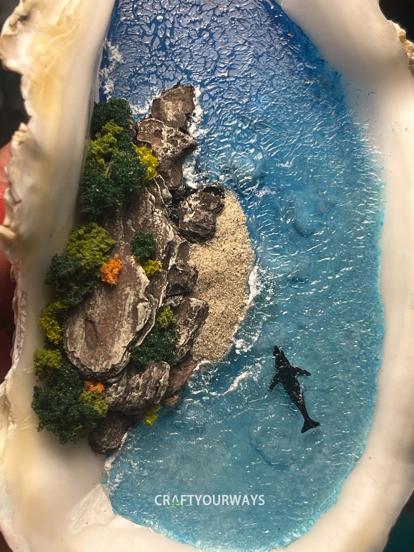 Miniature Island with Swimming Whale Inside Oyster Shell