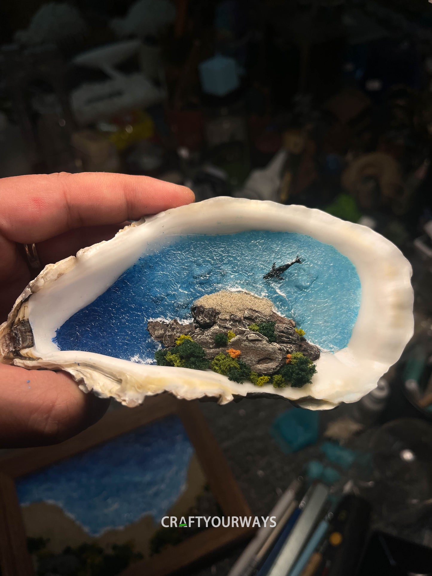 Miniature Island with Swimming Whale Inside Oyster Shell