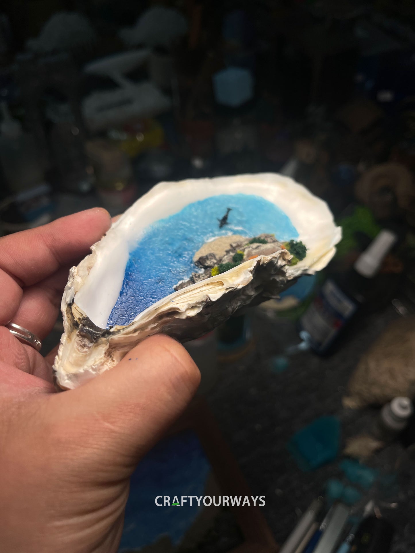 Miniature Island with Swimming Whale Inside Oyster Shell