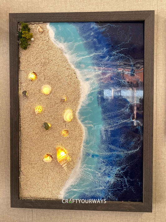 Miniature Beach Scene with Shells and Illuminated Lights