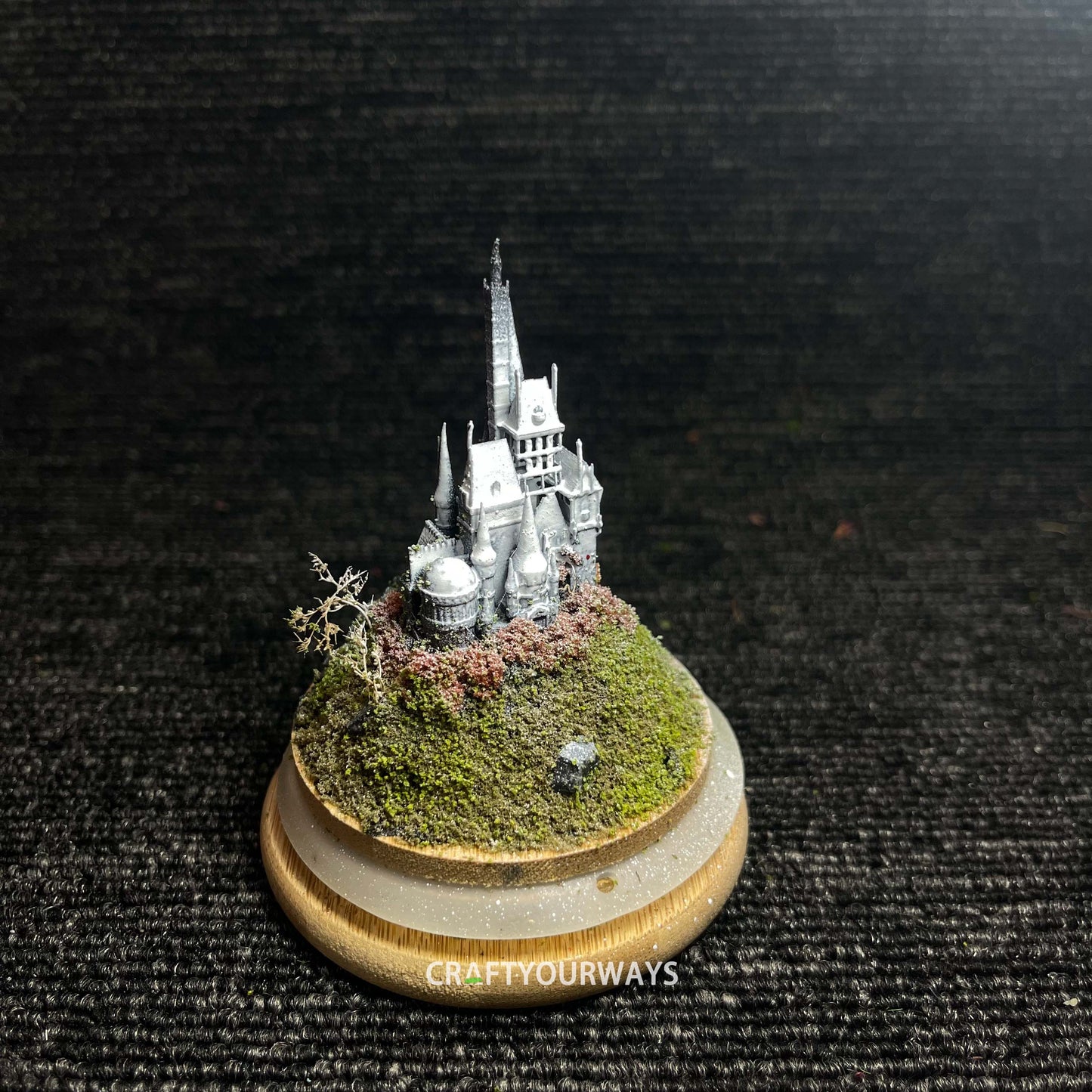 Miniature Snow-Capped Island with Castle and Illuminated Resin Ocean