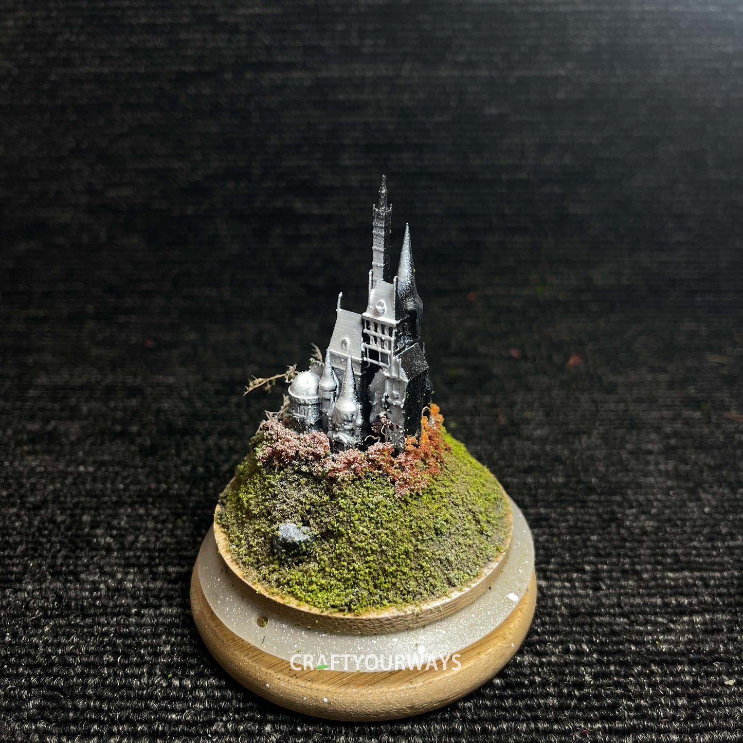 Miniature Snow-Capped Island with Castle and Illuminated Resin Ocean