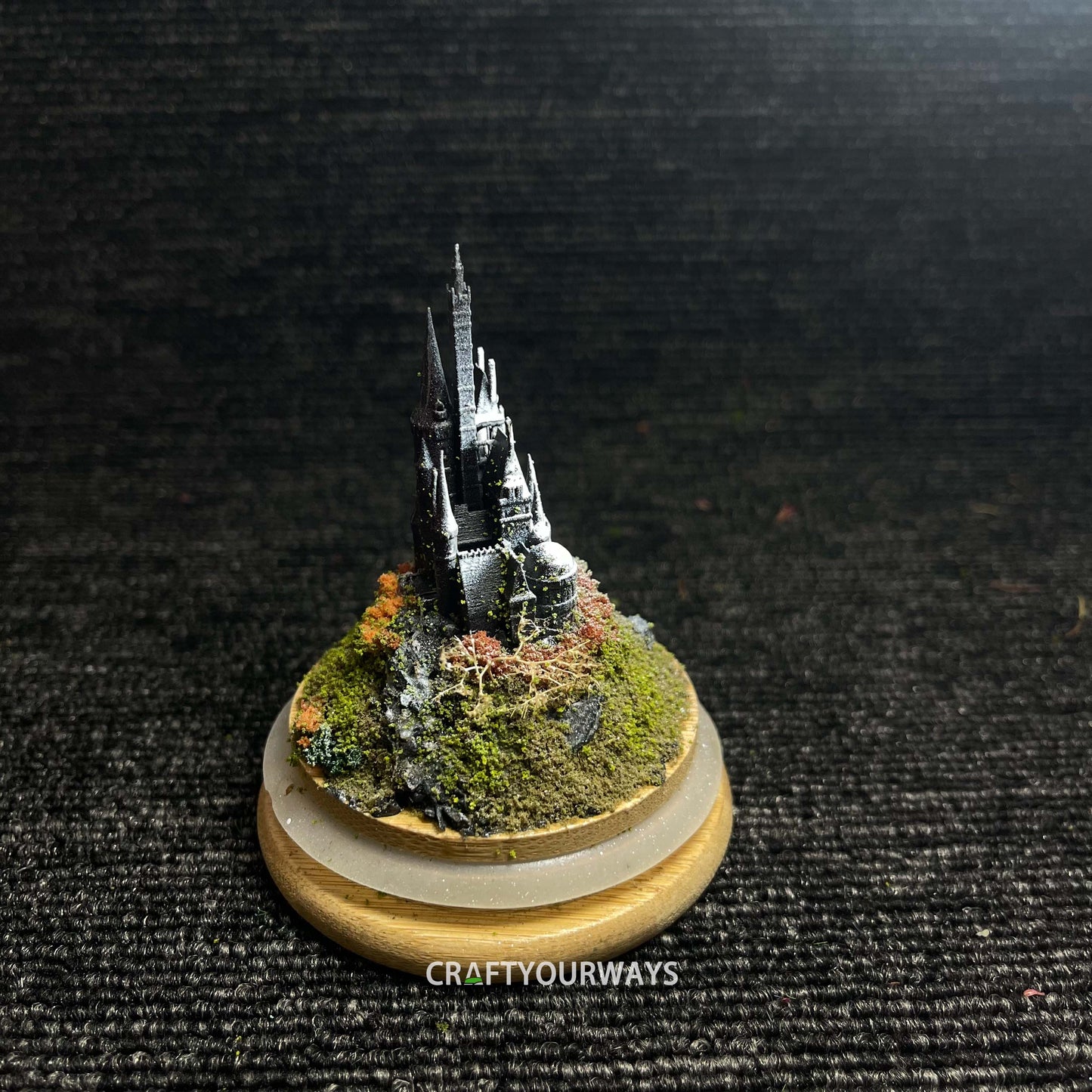 Miniature Snow-Capped Island with Castle and Illuminated Resin Ocean