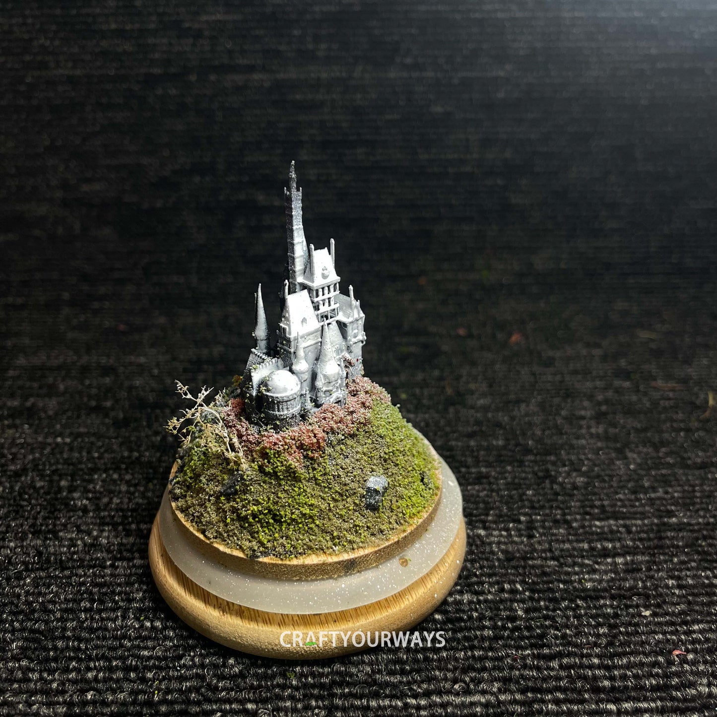 Miniature Snow-Capped Island with Castle and Illuminated Resin Ocean