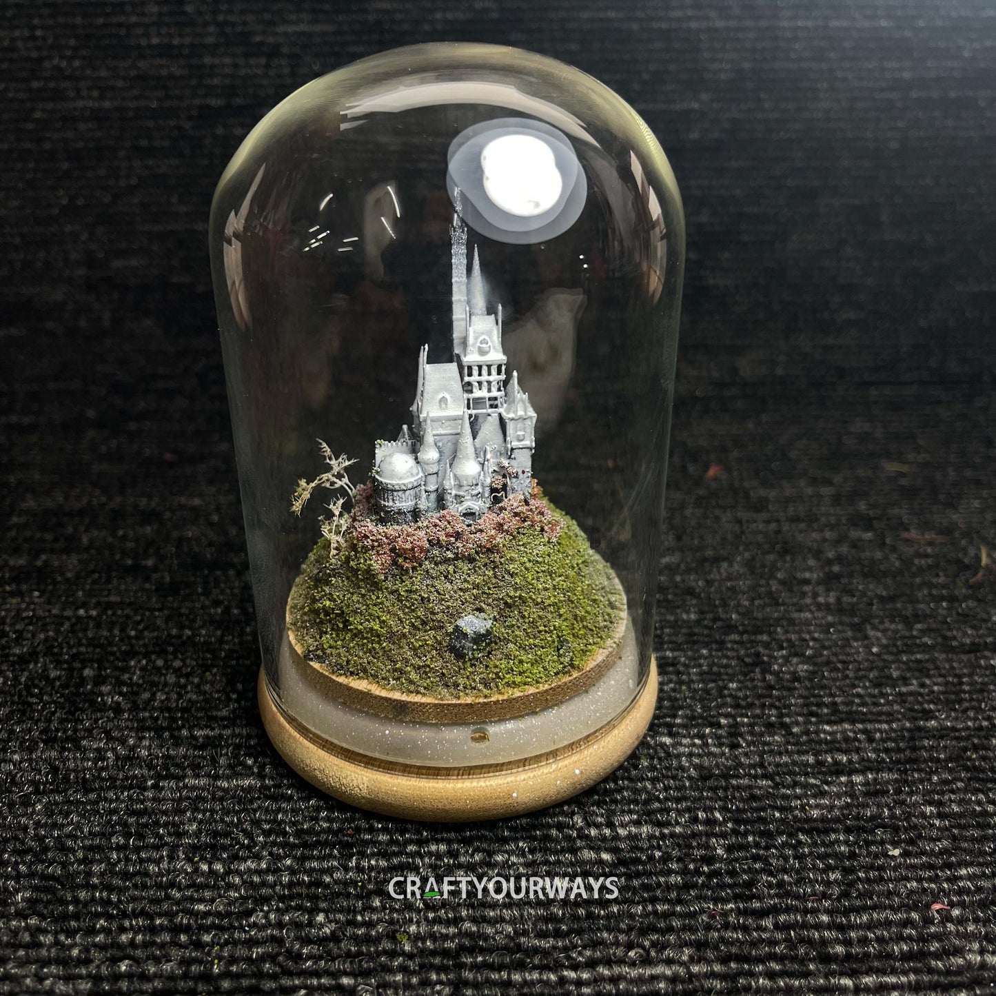 Miniature Snow-Capped Island with Castle and Illuminated Resin Ocean