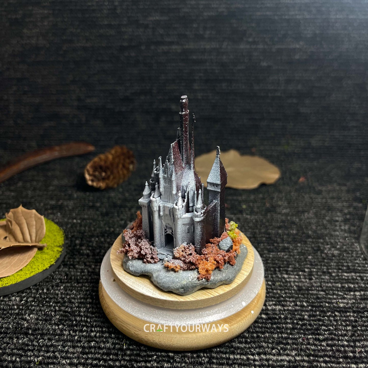 Miniature Snow-Capped Island with Castle and Illuminated Resin Ocean