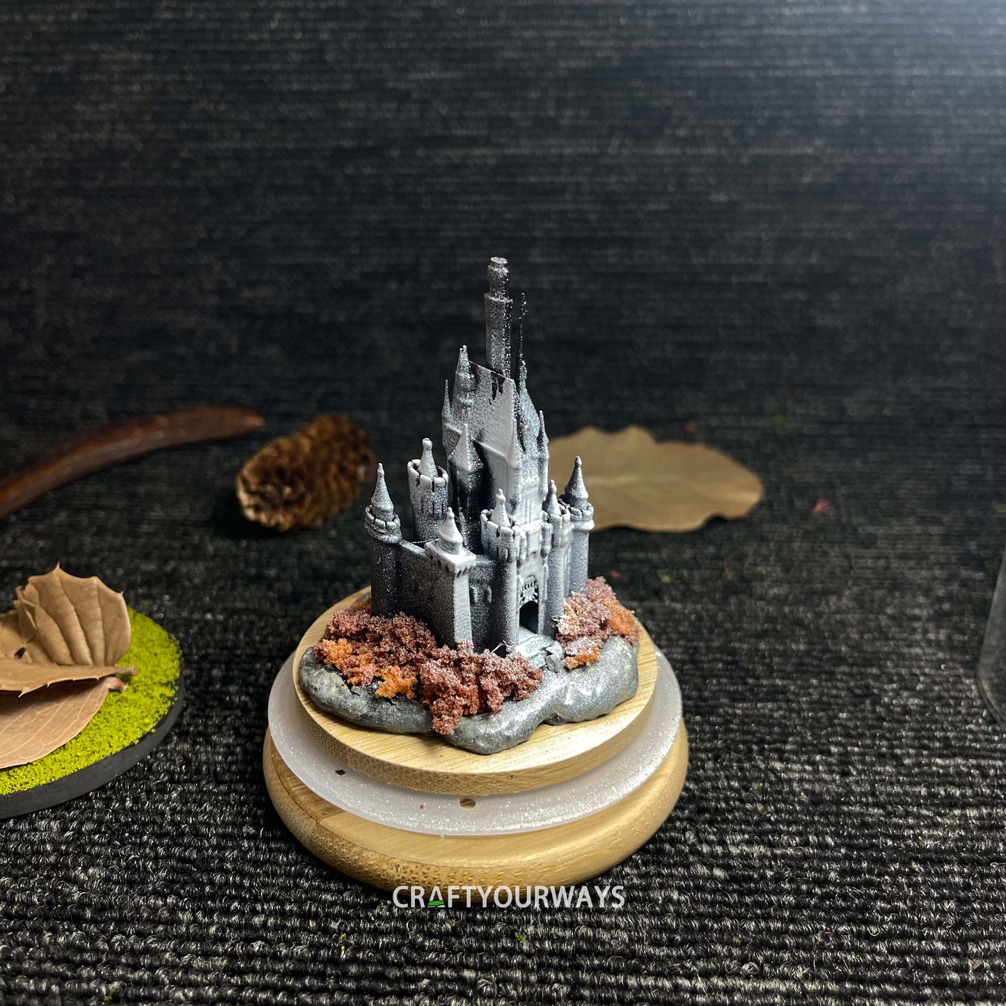 Miniature Snow-Capped Island with Castle and Illuminated Resin Ocean