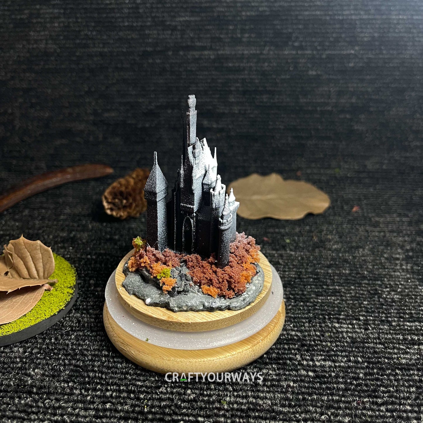 Miniature Snow-Capped Island with Castle and Illuminated Resin Ocean