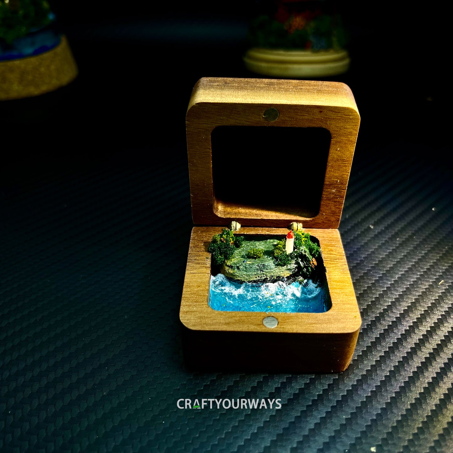 Miniature Lighthouse on Island in Wooden Ring Box